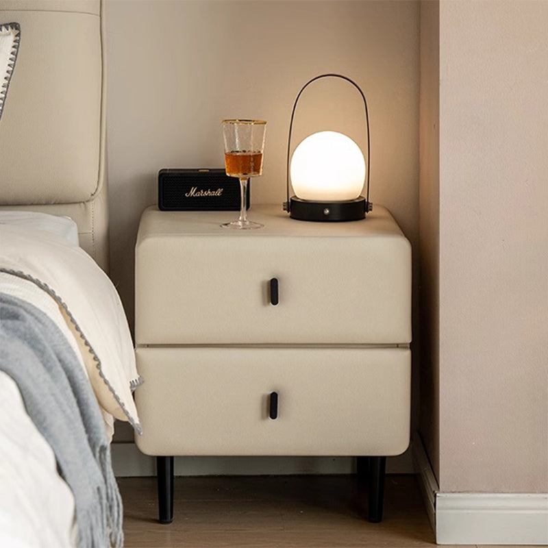 Modern Minimalist Solid Wood &amp; Plywood Faux Leather Rectangular Nightstand With 2-Drawer Design For Bedroom