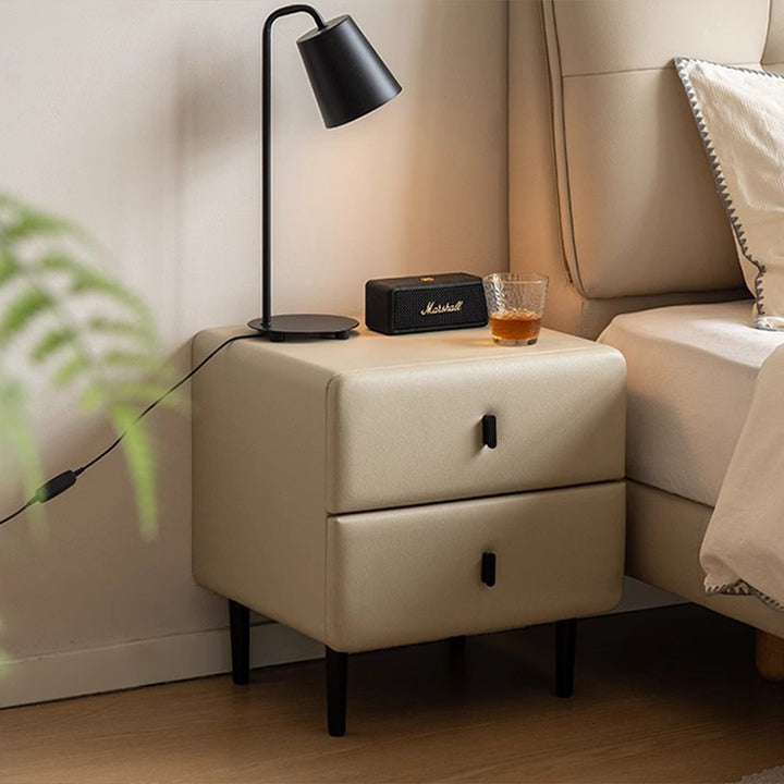 Modern Minimalist Solid Wood &amp; Plywood Faux Leather Rectangular Nightstand With 2-Drawer Design For Bedroom