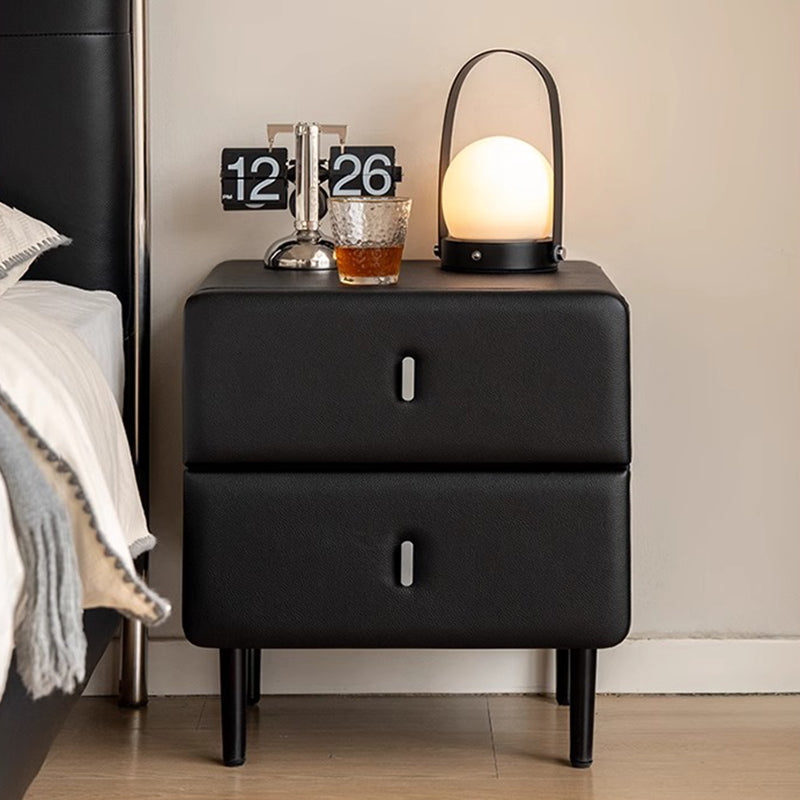 Modern Minimalist Solid Wood &amp; Plywood Faux Leather Rectangular Nightstand With 2-Drawer Design For Bedroom