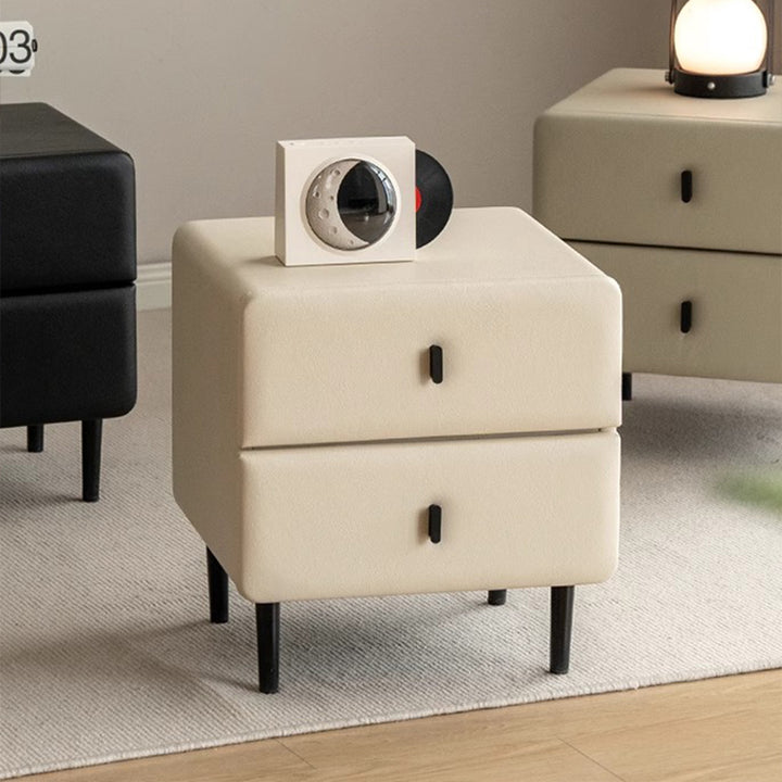 Modern Minimalist Solid Wood &amp; Plywood Faux Leather Rectangular Nightstand With 2-Drawer Design For Bedroom
