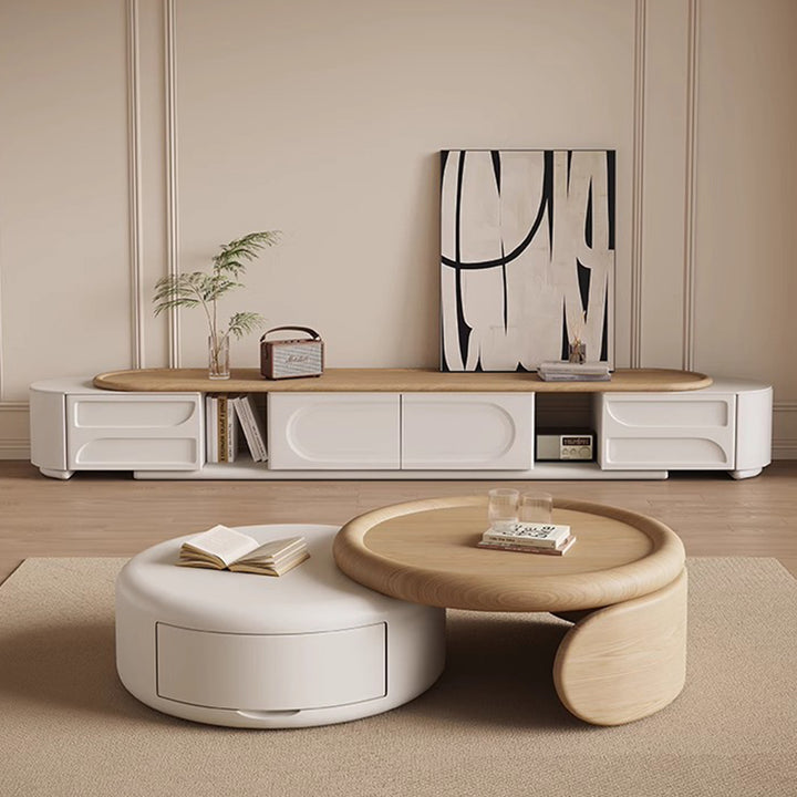 Zeitgenössisches skandinavisches Set aus Massivholz, Sperrholz und MDF mit rundem Couchtisch, erweiterbarem Design und 1-Schubladen-Aufbewahrung für das Wohnzimmer 