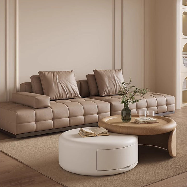 Zeitgenössisches skandinavisches Set aus Massivholz, Sperrholz und MDF mit rundem Couchtisch, erweiterbarem Design und 1-Schubladen-Aufbewahrung für das Wohnzimmer 
