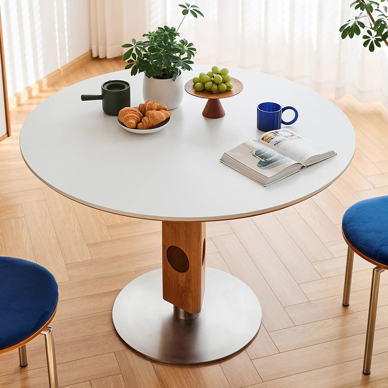 Moderner Mid-Century Massivholz-Tisch mit Steinplatte und Edelstahl, runder Esstisch für 5/7 Sitzplätze 