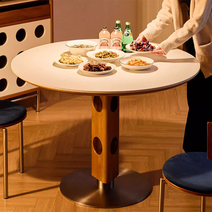 Moderner Mid-Century Massivholz-Tisch mit Steinplatte und Edelstahl, runder Esstisch für 5/7 Sitzplätze 