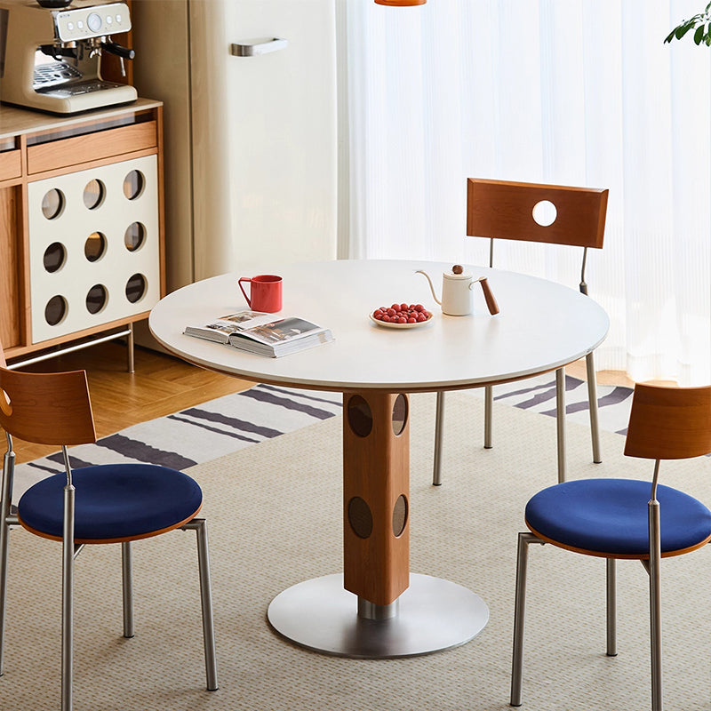 Moderner Mid-Century Massivholz-Tisch mit Steinplatte und Edelstahl, runder Esstisch für 5/7 Sitzplätze 