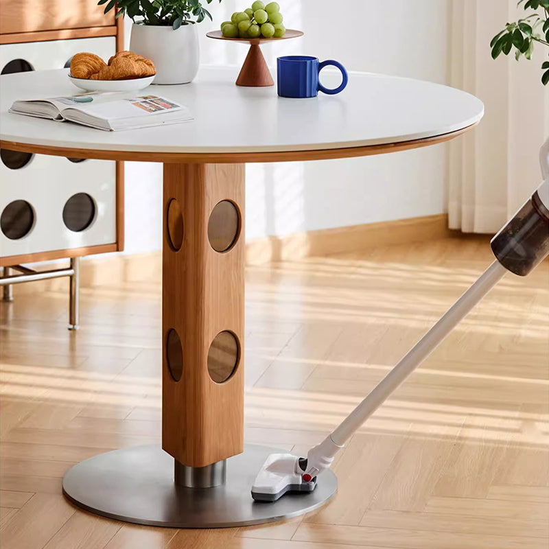 Moderner Mid-Century Massivholz-Tisch mit Steinplatte und Edelstahl, runder Esstisch für 5/7 Sitzplätze 