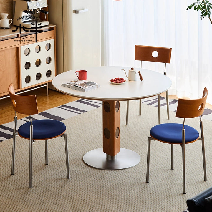 Moderner Mid-Century Massivholz-Tisch mit Steinplatte und Edelstahl, runder Esstisch für 5/7 Sitzplätze 