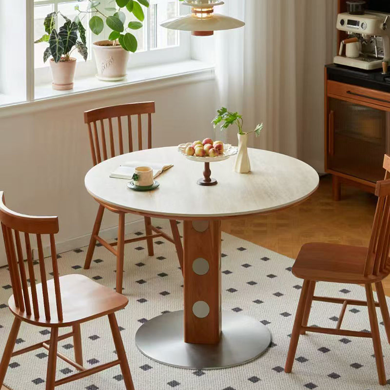 Moderner Mid-Century Massivholz-Tisch mit Steinplatte und Edelstahl, runder Esstisch für 5/7 Sitzplätze 