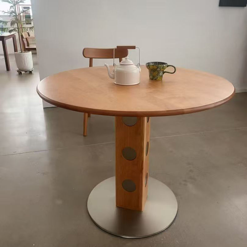 Moderner Mid-Century Massivholz-Tisch mit Steinplatte und Edelstahl, runder Esstisch für 5/7 Sitzplätze 