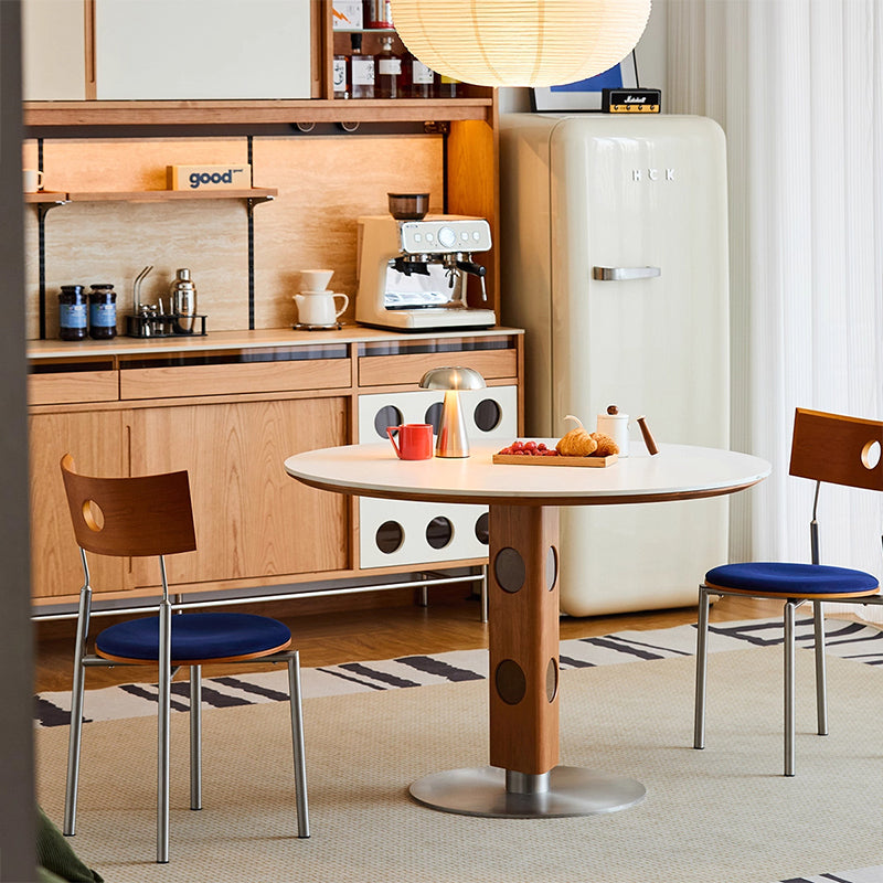 Moderner Mid-Century Massivholz-Tisch mit Steinplatte und Edelstahl, runder Esstisch für 5/7 Sitzplätze 