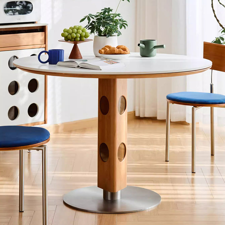 Moderner Mid-Century Massivholz-Tisch mit Steinplatte und Edelstahl, runder Esstisch für 5/7 Sitzplätze 