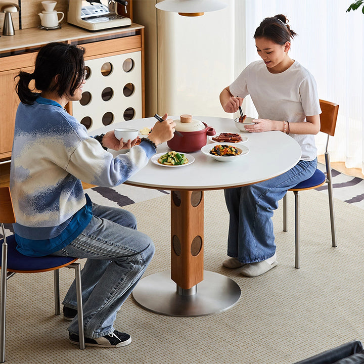 Moderner Mid-Century Massivholz-Tisch mit Steinplatte und Edelstahl, runder Esstisch für 5/7 Sitzplätze 