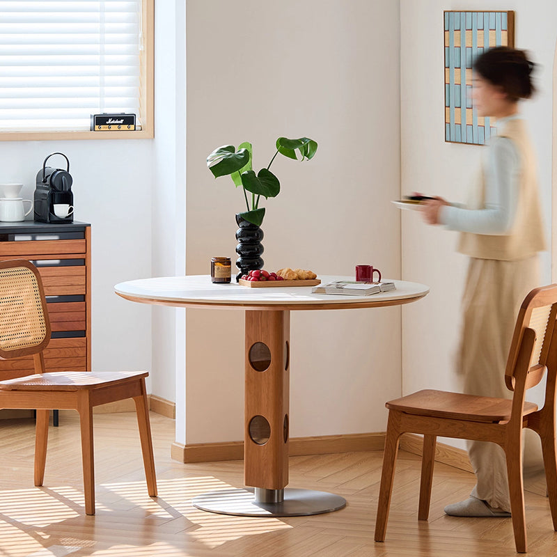 Moderner Mid-Century Massivholz-Tisch mit Steinplatte und Edelstahl, runder Esstisch für 5/7 Sitzplätze 
