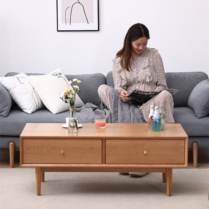 Table basse rectangulaire en bois massif au style minimaliste moderne avec 2 tiroirs pour salon 