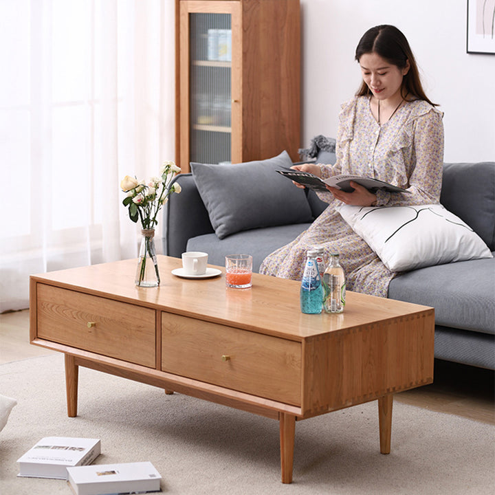Table basse rectangulaire en bois massif au style minimaliste moderne avec 2 tiroirs pour salon 