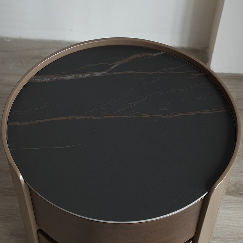 Table de chevet ronde en bois massif et contreplaqué de luxe moderne avec plateau en dalle de pierre et 2 tiroirs pour chambre 