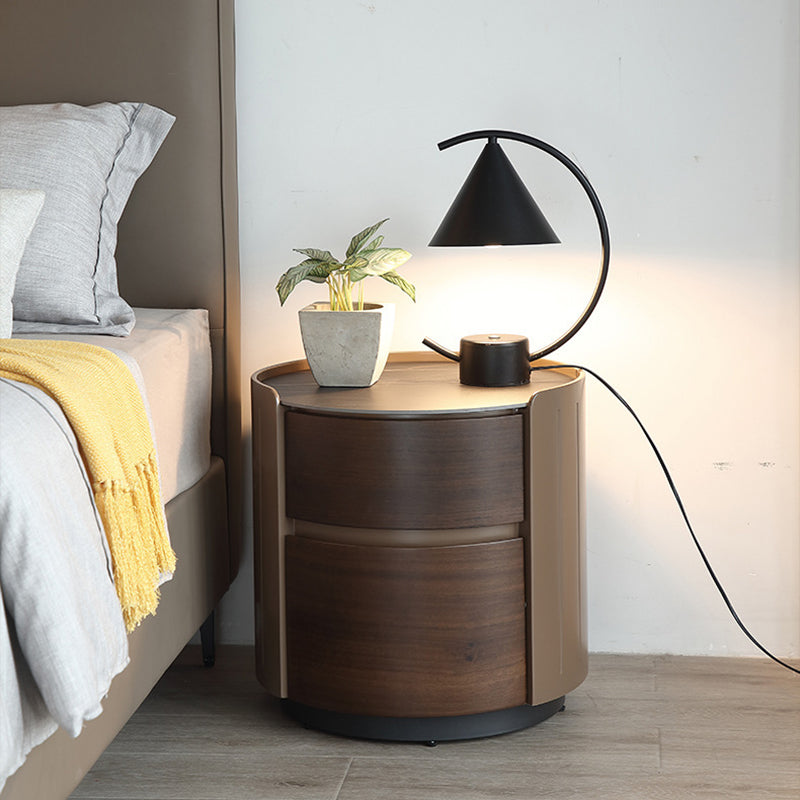Table de chevet ronde en bois massif et contreplaqué de luxe moderne avec plateau en dalle de pierre et 2 tiroirs pour chambre 