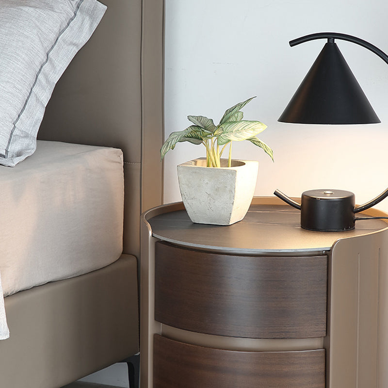 Table de chevet ronde en bois massif et contreplaqué de luxe moderne avec plateau en dalle de pierre et 2 tiroirs pour chambre 