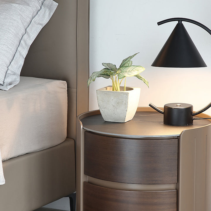 Table de chevet ronde en bois massif et contreplaqué de luxe moderne avec plateau en dalle de pierre et 2 tiroirs pour chambre 