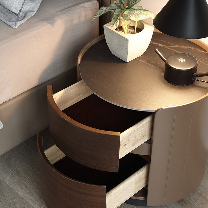 Table de chevet ronde en bois massif et contreplaqué de luxe moderne avec plateau en dalle de pierre et 2 tiroirs pour chambre 