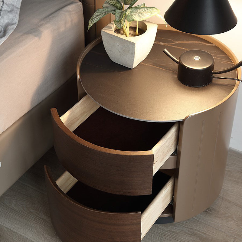 Table de chevet ronde en bois massif et contreplaqué de luxe moderne avec plateau en dalle de pierre et 2 tiroirs pour chambre 