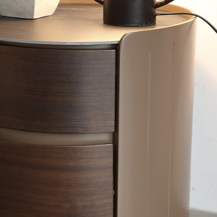 Table de chevet ronde en bois massif et contreplaqué de luxe moderne avec plateau en dalle de pierre et 2 tiroirs pour chambre 