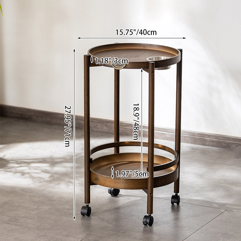 Traditional Chinese Bamboo Round Side Table 2-Tier Storage Removable Top With Rolling Casters And Ashtray For Living Room