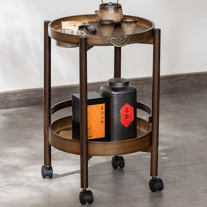 Table d'appoint ronde traditionnelle en bambou chinois à 2 niveaux, plateau amovible, roulettes et cendrier pour salon 