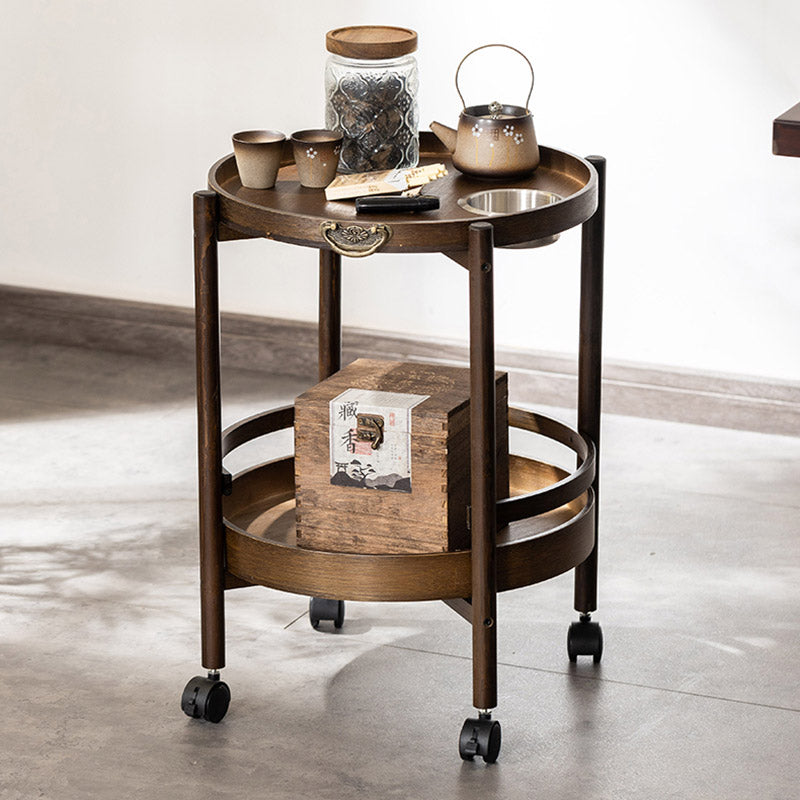 Traditional Chinese Bamboo Round Side Table 2-Tier Storage Removable Top With Rolling Casters And Ashtray For Living Room