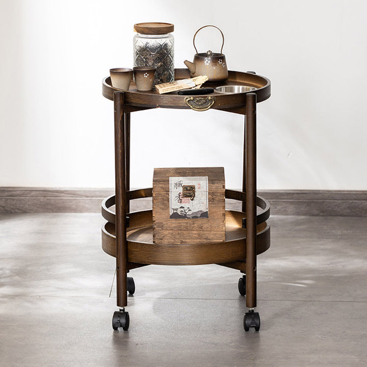 Traditional Chinese Bamboo Round Side Table 2-Tier Storage Removable Top With Rolling Casters And Ashtray For Living Room