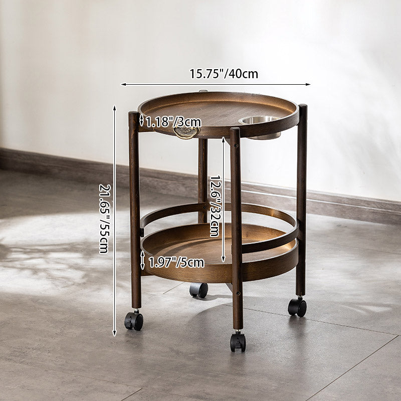 Traditional Chinese Bamboo Round Side Table 2-Tier Storage Removable Top With Rolling Casters And Ashtray For Living Room