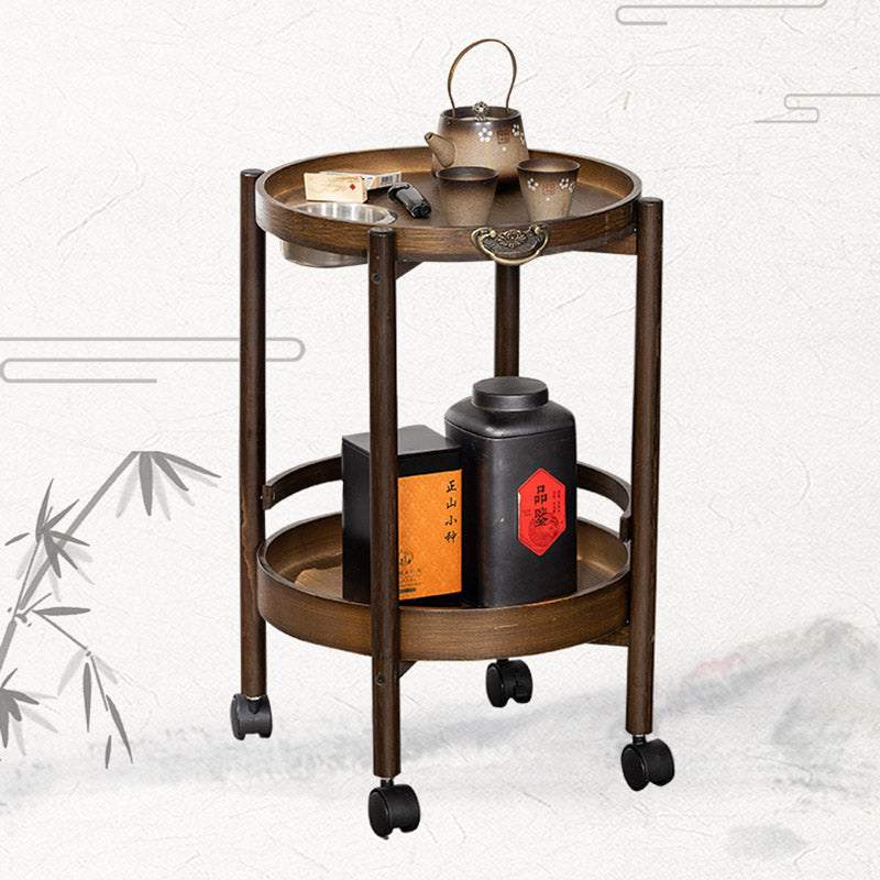 Traditional Chinese Bamboo Round Side Table 2-Tier Storage Removable Top With Rolling Casters And Ashtray For Living Room