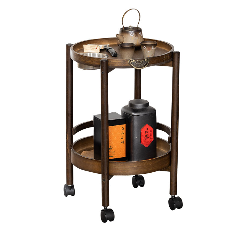 Traditional Chinese Bamboo Round Side Table 2-Tier Storage Removable Top With Rolling Casters And Ashtray For Living Room