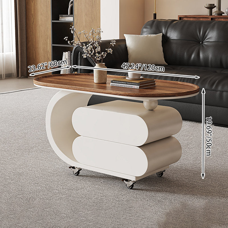 Mesa de centro rodante ovalada moderna minimalista de madera maciza con acero al carbono y parte superior de MDF con 2 cajones para sala de estar 