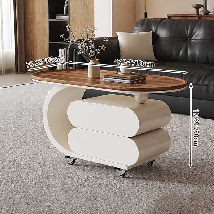 Mesa de centro rodante ovalada moderna minimalista de madera maciza con acero al carbono y parte superior de MDF con 2 cajones para sala de estar 