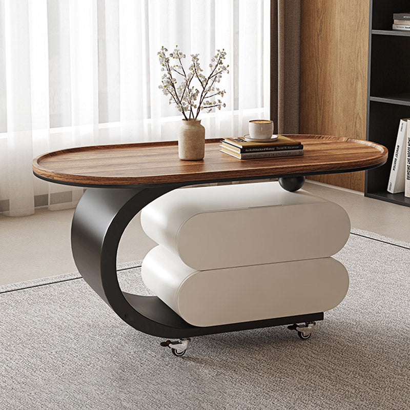 Mesa de centro rodante ovalada moderna minimalista de madera maciza con acero al carbono y parte superior de MDF con 2 cajones para sala de estar 