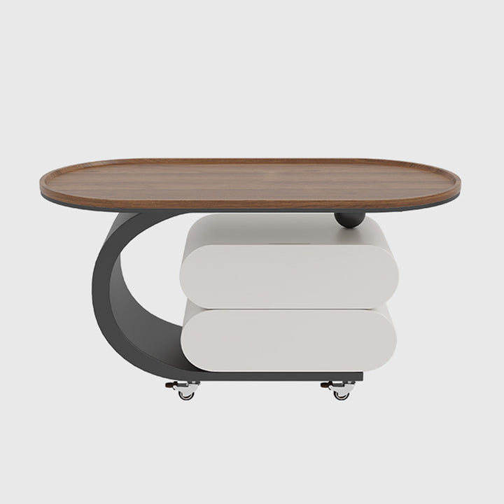 Mesa de centro rodante ovalada moderna minimalista de madera maciza con acero al carbono y parte superior de MDF con 2 cajones para sala de estar 