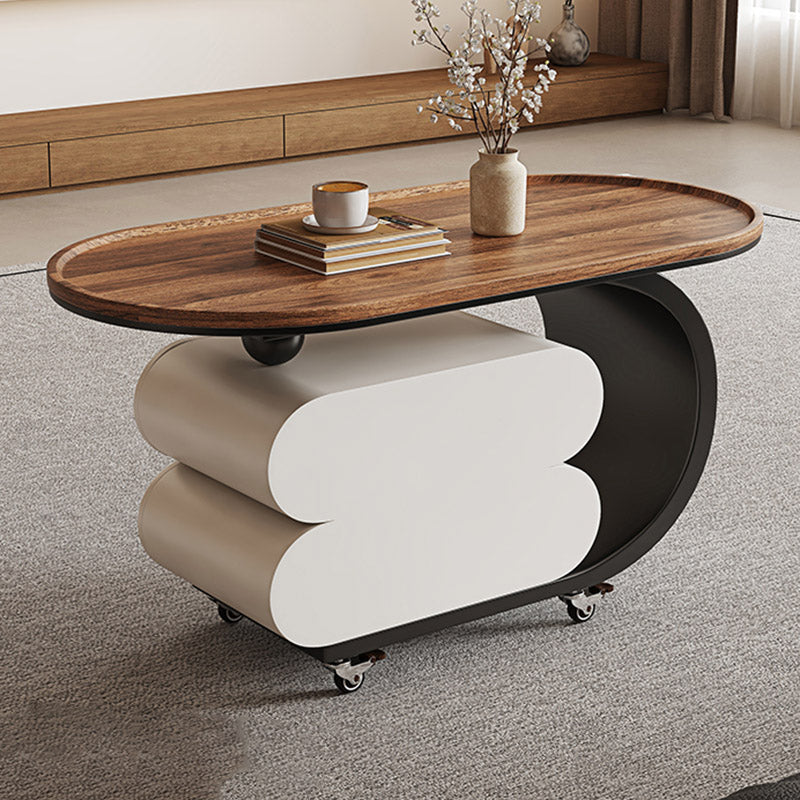 Mesa de centro rodante ovalada moderna minimalista de madera maciza con acero al carbono y parte superior de MDF con 2 cajones para sala de estar 