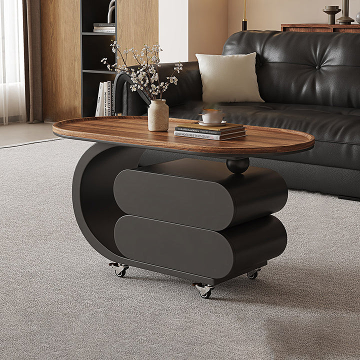 Mesa de centro rodante ovalada moderna minimalista de madera maciza con acero al carbono y parte superior de MDF con 2 cajones para sala de estar 