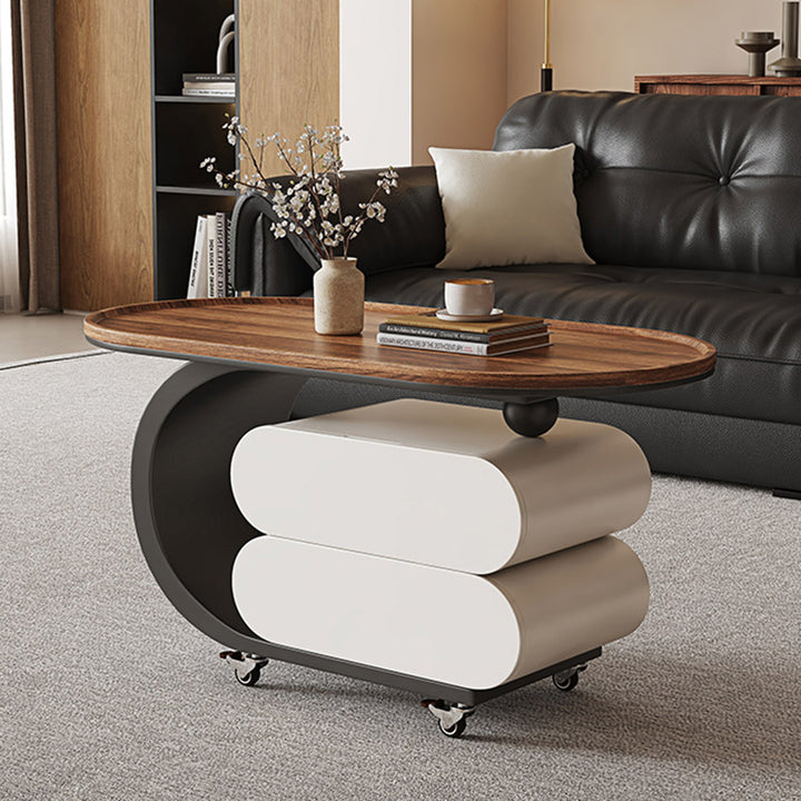 Mesa de centro rodante ovalada moderna minimalista de madera maciza con acero al carbono y parte superior de MDF con 2 cajones para sala de estar 