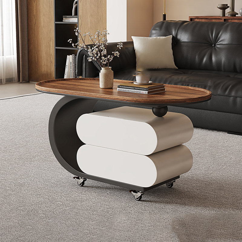 Mesa de centro rodante ovalada moderna minimalista de madera maciza con acero al carbono y parte superior de MDF con 2 cajones para sala de estar 