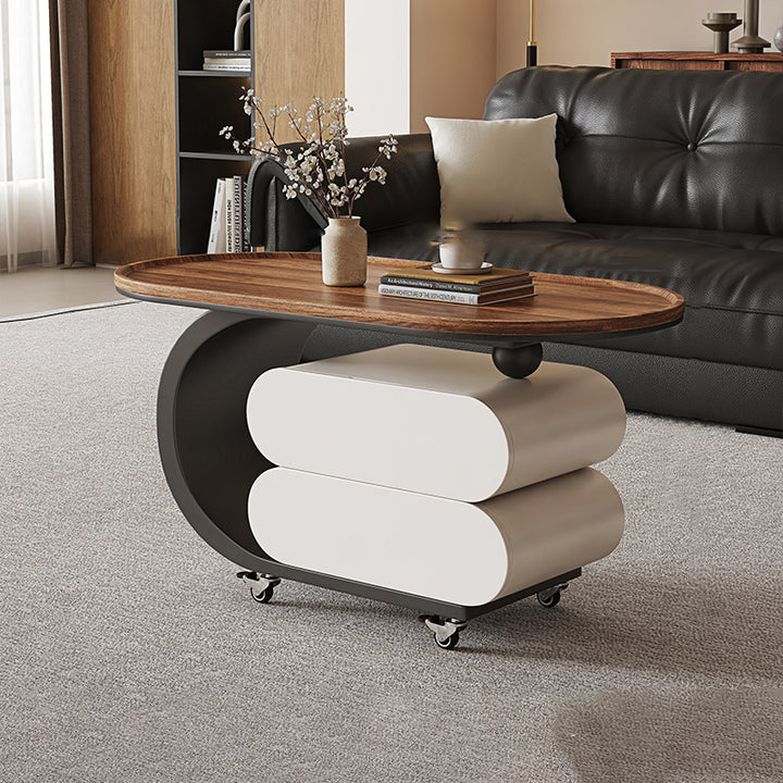 Mesa de centro rodante ovalada moderna minimalista de madera maciza con acero al carbono y parte superior de MDF con 2 cajones para sala de estar 