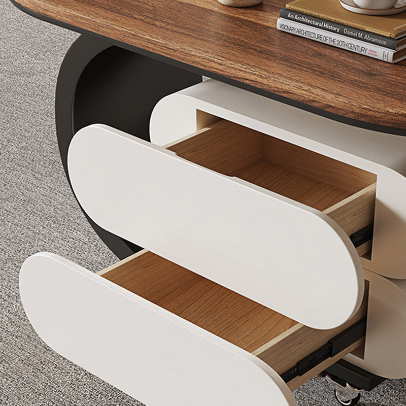 Mesa de centro rodante ovalada moderna minimalista de madera maciza con acero al carbono y parte superior de MDF con 2 cajones para sala de estar 