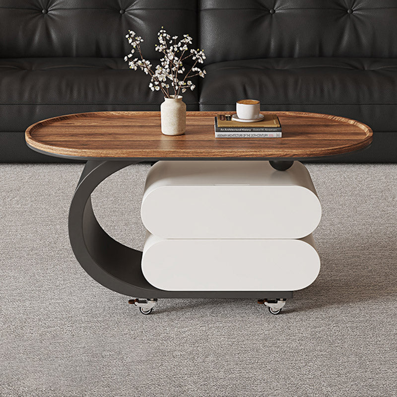 Mesa de centro rodante ovalada moderna minimalista de madera maciza con acero al carbono y parte superior de MDF con 2 cajones para sala de estar 