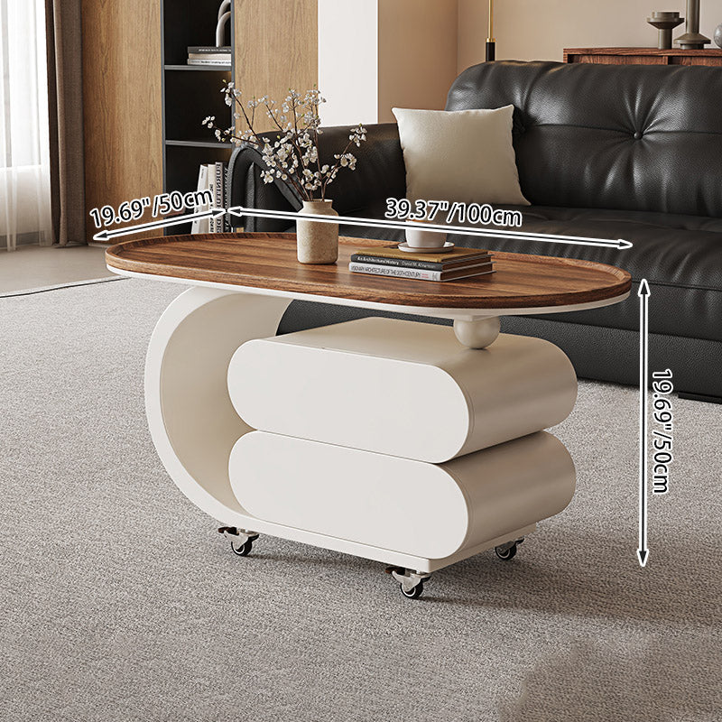 Mesa de centro rodante ovalada moderna minimalista de madera maciza con acero al carbono y parte superior de MDF con 2 cajones para sala de estar 