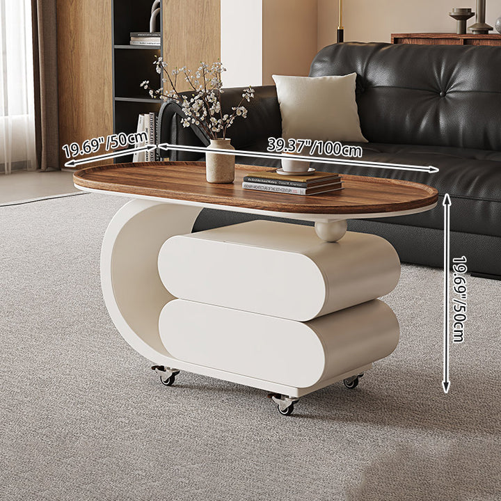 Moderner minimalistischer Couchtisch aus massivem Holz, Kohlenstoffstahl und MDF mit ovaler Rollplatte und 2 Schubladen für das Wohnzimmer 