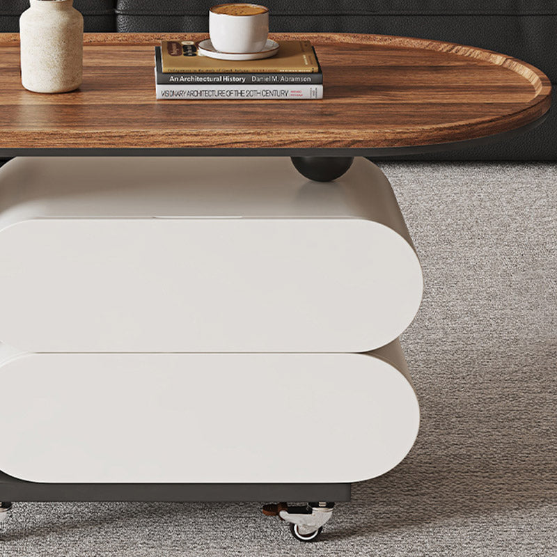 Mesa de centro rodante ovalada moderna minimalista de madera maciza con acero al carbono y parte superior de MDF con 2 cajones para sala de estar 
