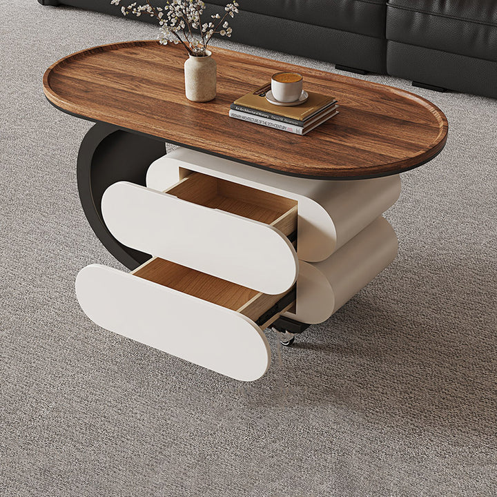 Mesa de centro rodante ovalada moderna minimalista de madera maciza con acero al carbono y parte superior de MDF con 2 cajones para sala de estar 