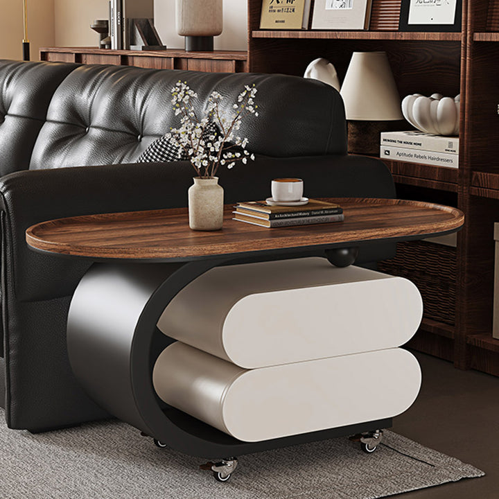 Mesa de centro rodante ovalada moderna minimalista de madera maciza con acero al carbono y parte superior de MDF con 2 cajones para sala de estar 