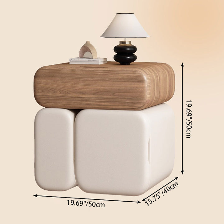 Modern Minimalist Solid Wood &amp; Plywood Faux Leather Rounded Rectangular Nightstand With 3 Drawer Storage For Bedroom